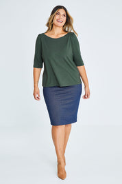 Model Palatina wearing size 16 of the Belle Boat Neck Tee in colour Khaki (Green), from the front, showing the whole outfit