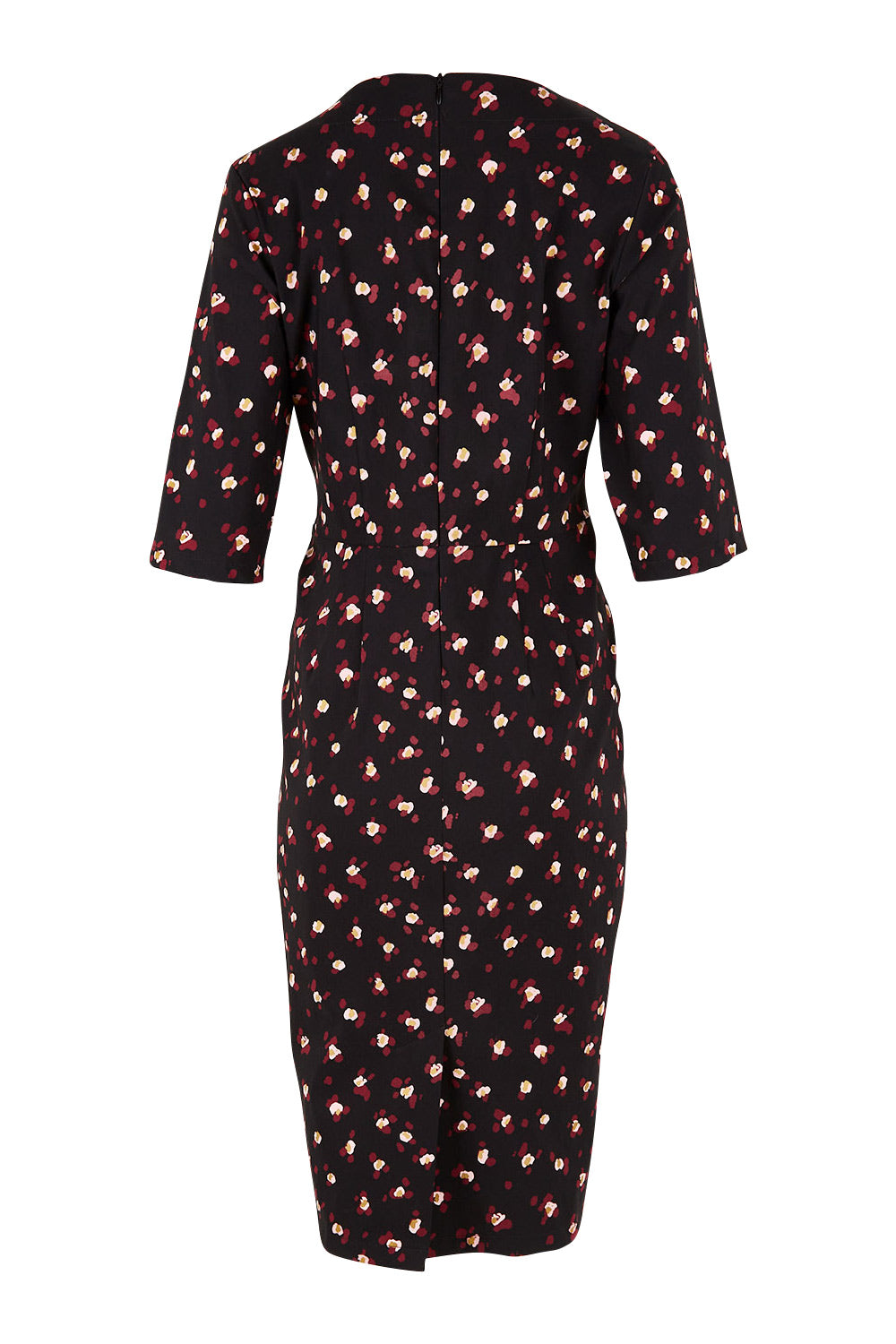 Product shot of the Belle Ditsy Floral Print Bengaline Dress in colour Ditsy (Black), from the back