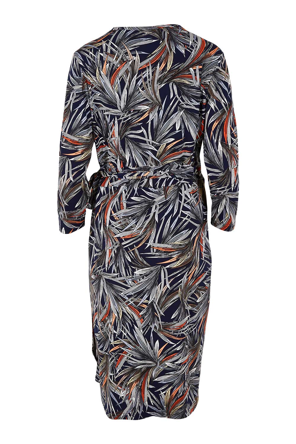 Product shot of the Belle Classic Lined Wrap Jersey Dress in colour Navyprint (Blue), from the back