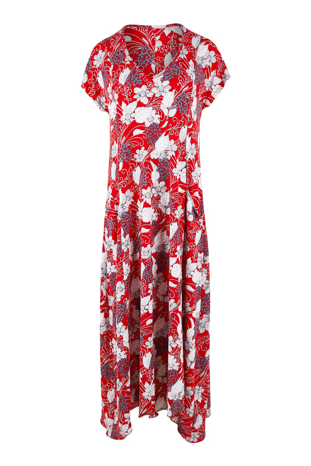 Product shot of the Belle High Low Dress With Pockets in colour Redfloral (Red), from the front