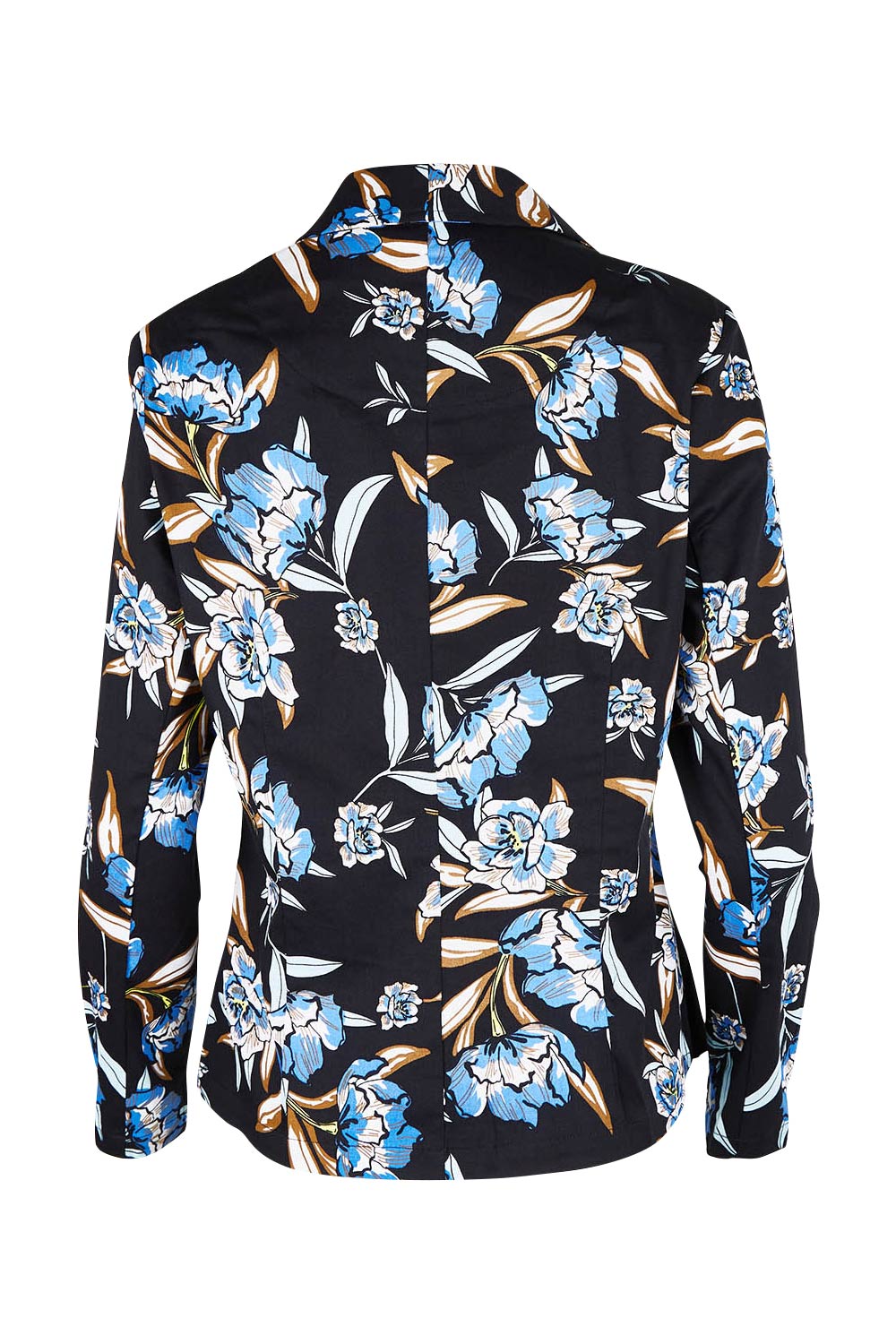 Product shot of the Belle Stretch Printed Blazer in colour Bluefloral (Blue), from the back