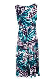 Product shot of the Belle Sleeveless Full Skirt Dress in colour Palmprint (Blue), from the back