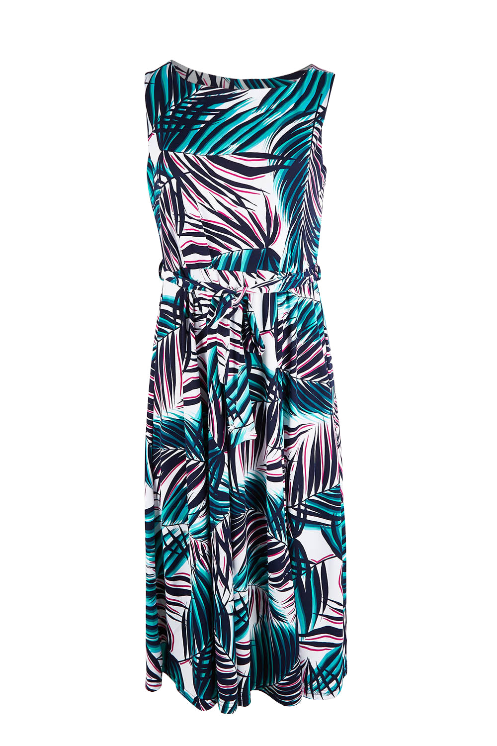 Product shot of the Belle Sleeveless Full Skirt Dress in colour Palmprint (Blue), from the front