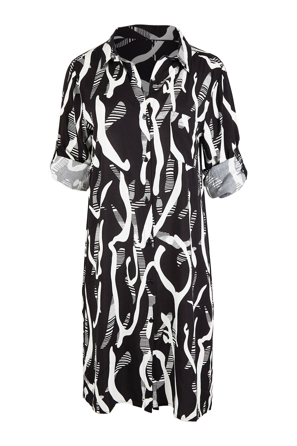 Product shot of the Belle Relaxed Long Printed Shirt in colour Blackivory (Black), detail