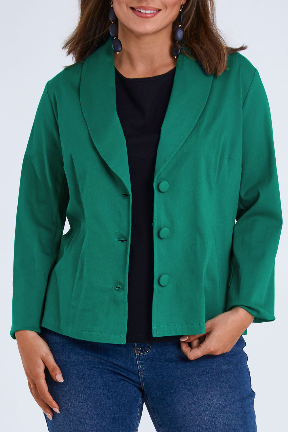 Model Monique wearing size 14 of the Belle Stretch Classic Blazer in colour Teal (Green), from the front, cropped image