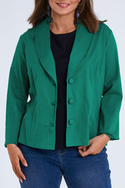 Model Monique wearing size 14 of the Belle Stretch Classic Blazer in colour Teal (Green), from the front, cropped image