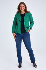 Model Monique wearing size 14 of the Belle Stretch Classic Blazer in colour Teal (Green), from the front, showing the whole outfit