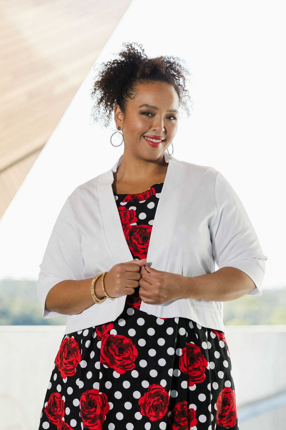 Model Alexis wearing size 18 of the Belle Cotton Sateen Cropped Jacket in colour White (White), from the front, showing the whole outfit
