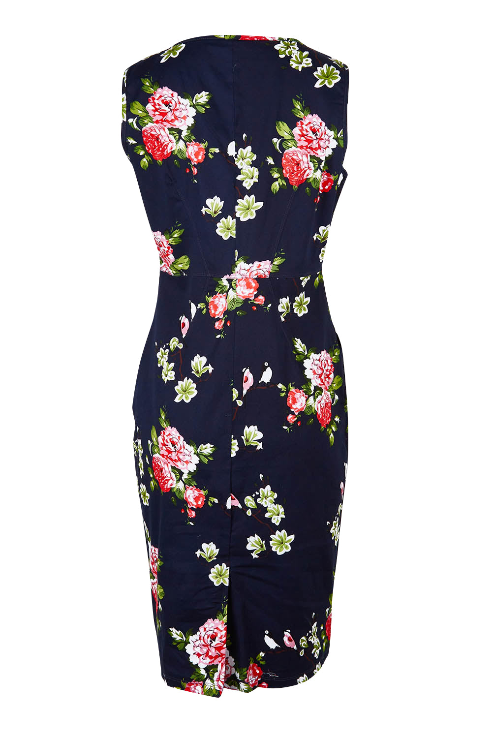 Product shot of the Belle V Neck Cotton Sateen Print  Dress in colour Bluefloral (Blue), from the back