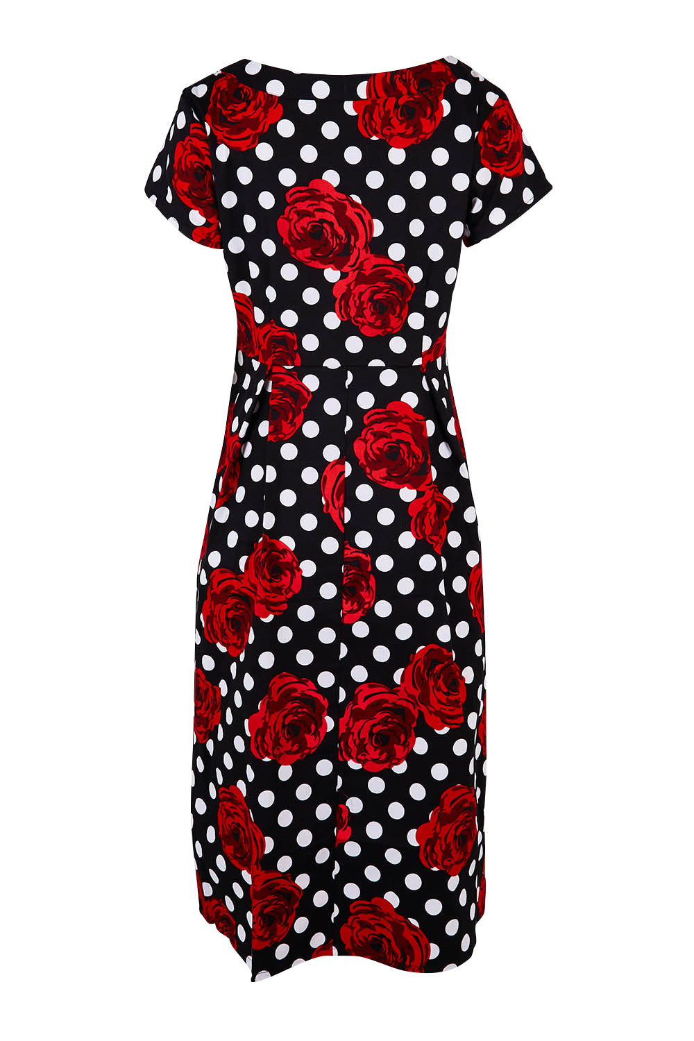 Product shot of the Belle Cotton Sateen Print Pleat Dress in colour Rosespot (Black), from the back
