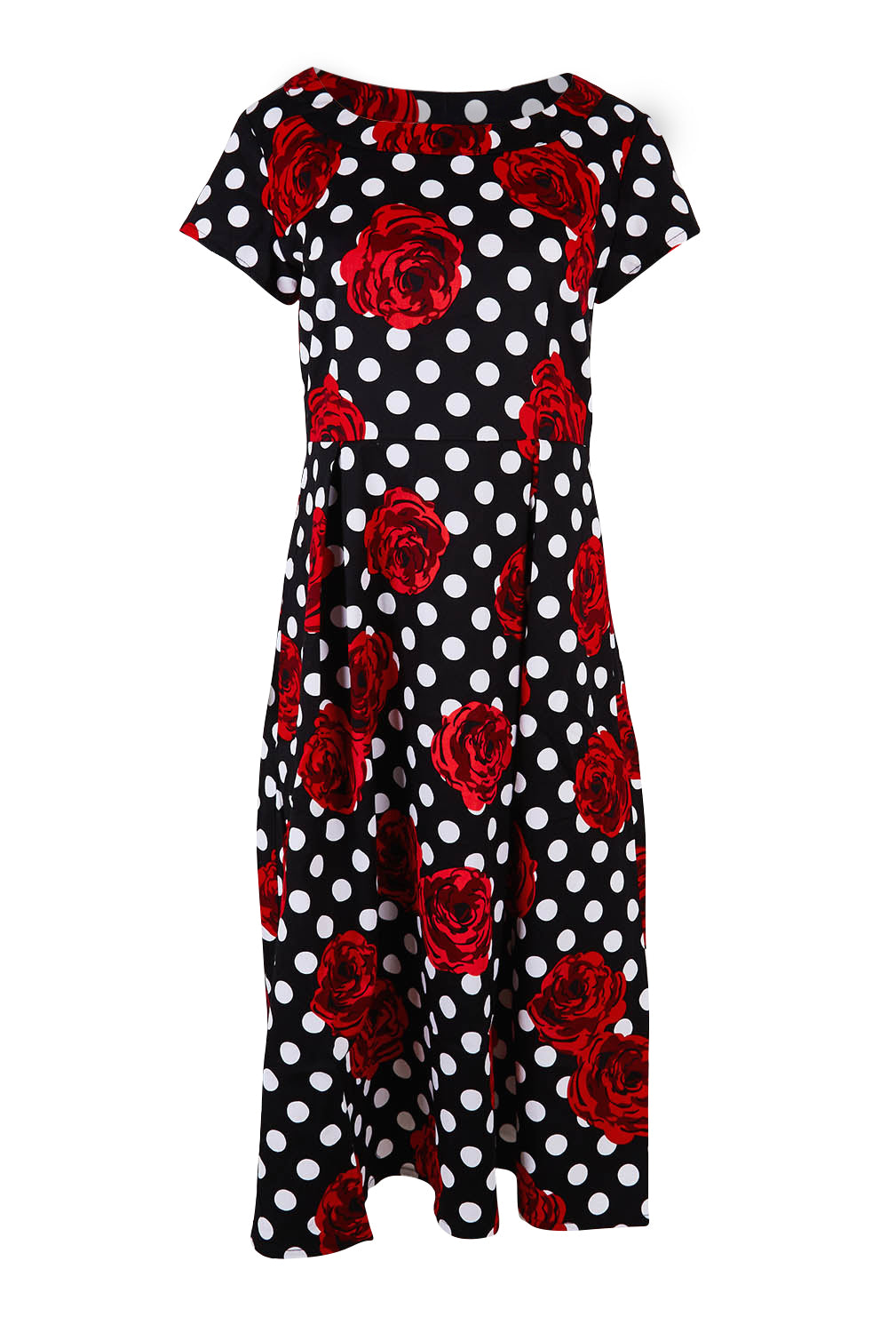Product shot of the Belle Cotton Sateen Print Pleat Dress in colour Rosespot (Black), from the front