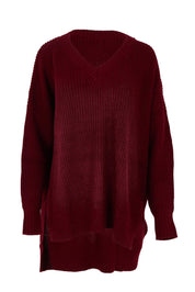 Product shot of the Belle Cosy V Neck Jumper in colour Burgundy (Purple), from the front
