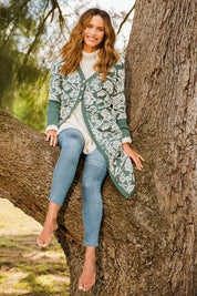 Model Ilona wearing size 10 of the Wild Heart Stitched Jeggings in colour Lightdenim (Blue), from the front, showing the whole outfit