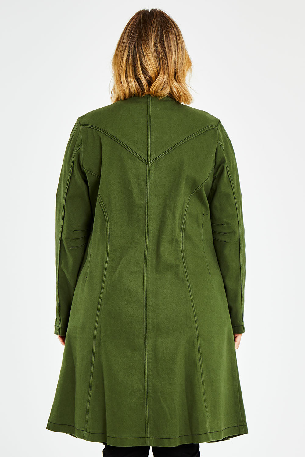 Model Jess wearing size 14 of the Attention To Me Jacket in colour Khaki (Green), from the back