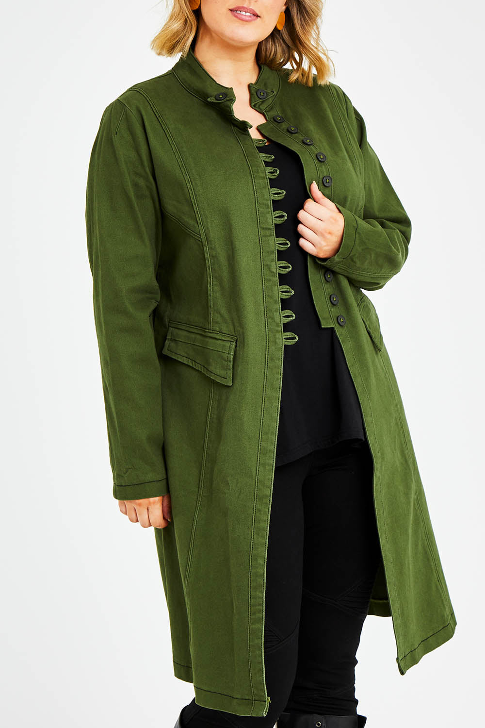 Model Jess wearing size 14 of the Attention To Me Jacket in colour Khaki (Green), from the front, cropped image