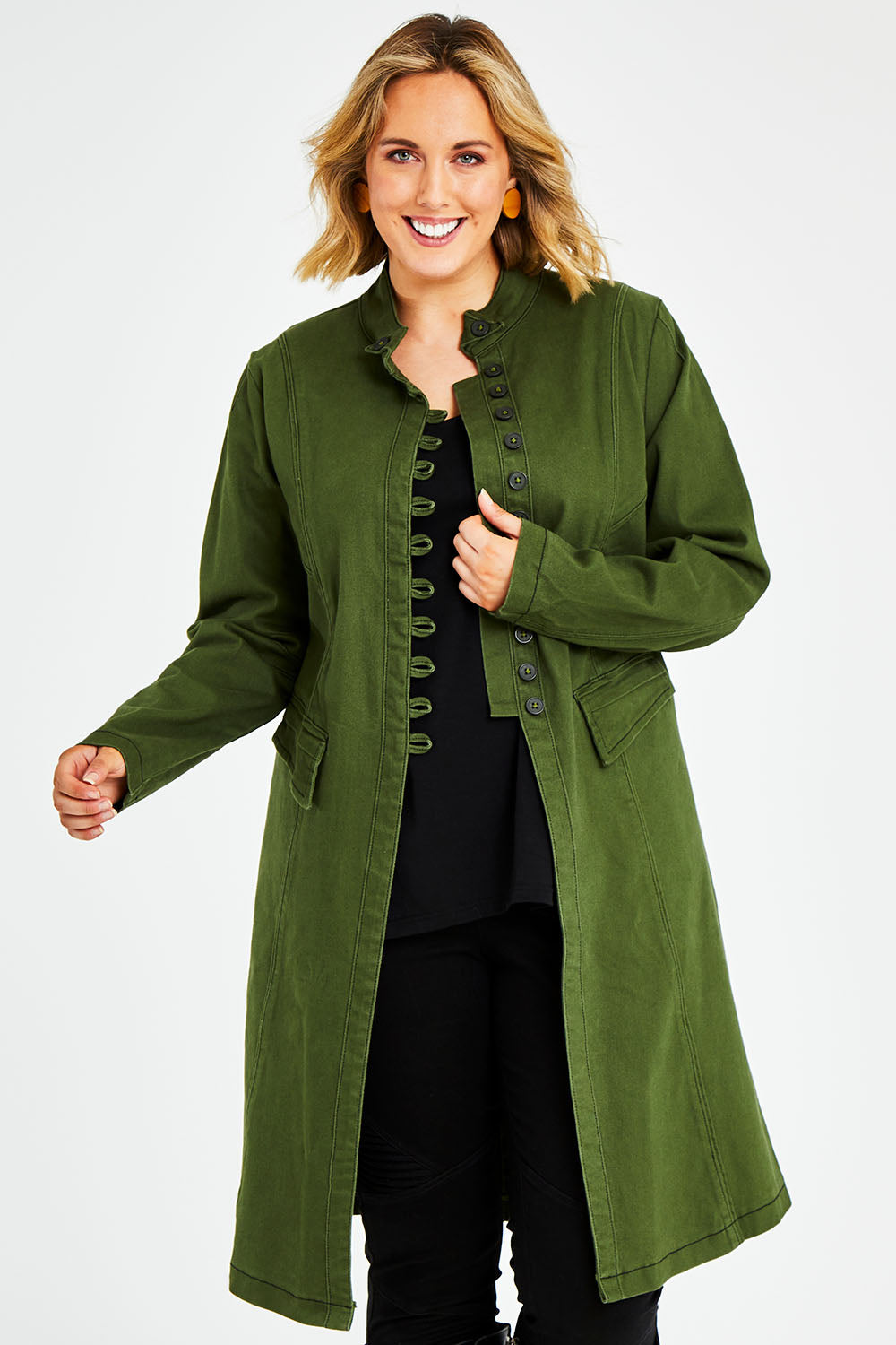 Model Jess wearing size 14 of the Attention To Me Jacket in colour Khaki (Green), from the front, cropped image