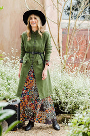 Model Tegan wearing size 10 of the Attention To Me Jacket in colour Khaki (Green), from the front, showing the whole outfit