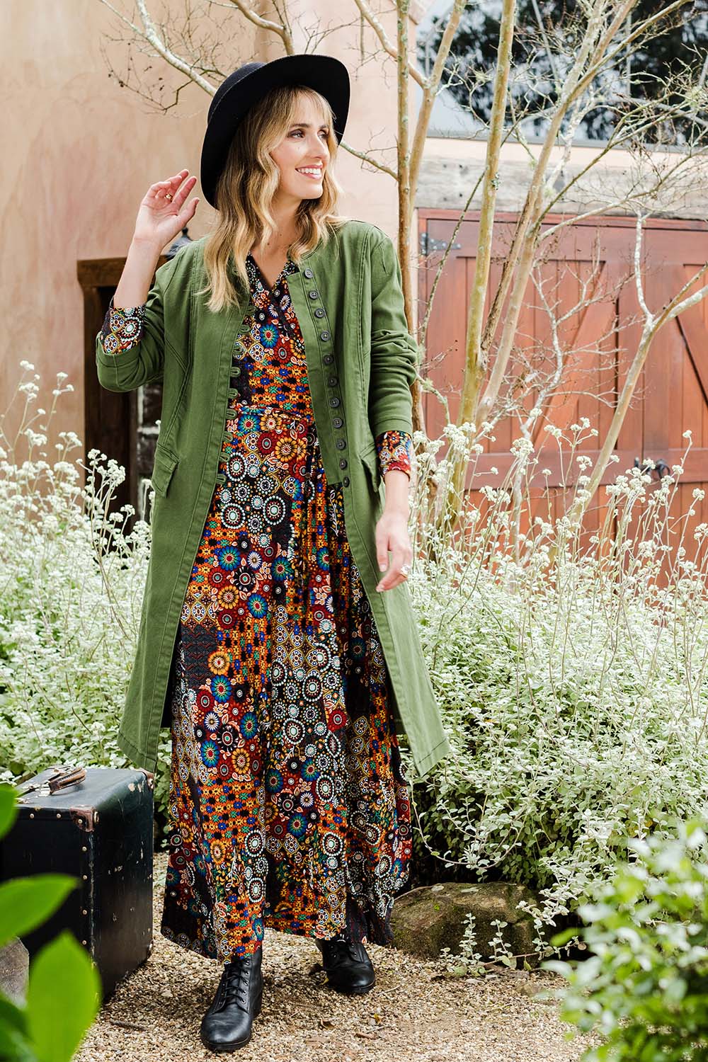 Model Tegan wearing size 10 of the Attention To Me Jacket in colour Khaki (Green), from the front, showing the whole outfit