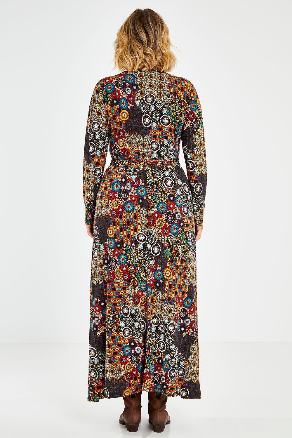 Model Jess wearing size 14 of the Life Is Beautiful Wrap Maxi Dress in colour Marrakesh (Red), from the back