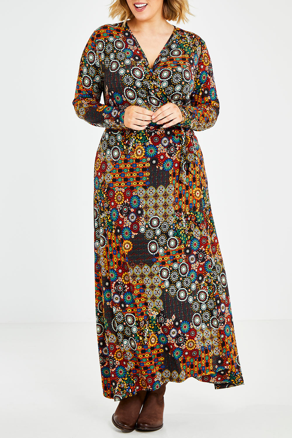 Model Jess wearing size 14 of the Life Is Beautiful Wrap Maxi Dress in colour Marrakesh (Red), from the front, cropped image