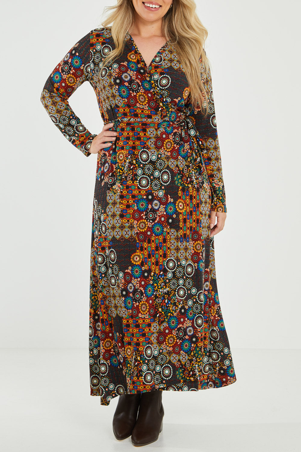 Model Katie wearing size 16 of the Life Is Beautiful Wrap Maxi Dress in colour Marrakesh (Red), from the front, cropped image