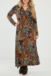 Model Katie wearing size 16 of the Life Is Beautiful Wrap Maxi Dress in colour Marrakesh (Red), from the front, cropped image