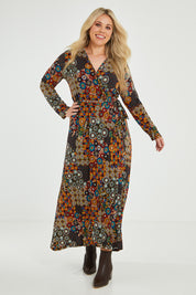 Model Katie wearing size 16 of the Life Is Beautiful Wrap Maxi Dress in colour Marrakesh (Red), from the front, showing the whole outfit