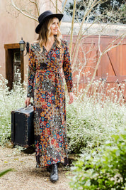 Model Tegan wearing size 10 of the Life Is Beautiful Wrap Maxi Dress in colour Marrakesh (Red), from the front, showing the whole outfit