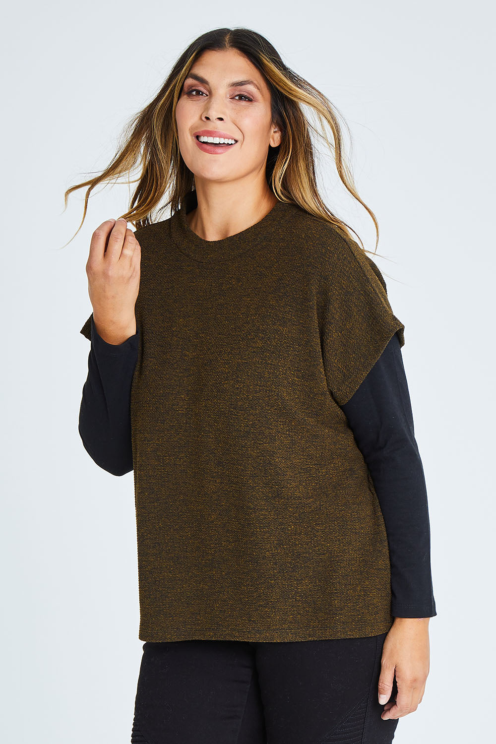 Model Palatina wearing size 16 of the All For You Crew Top in colour Khaki (Green), from the front, cropped image