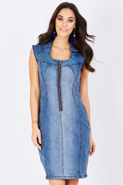 Model Georgia wearing size 10 of the Adore Me Denim Dress in colour Denim (Blue), from the front, cropped image