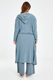 Model Laura wearing size 14 of the Watching Sunset Lounge Cardi in colour Duckegg (Blue), from the back