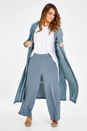 Model Laura wearing size 14 of the Watching Sunset Lounge Cardi in colour Duckegg (Blue), from the front, showing the whole outfit
