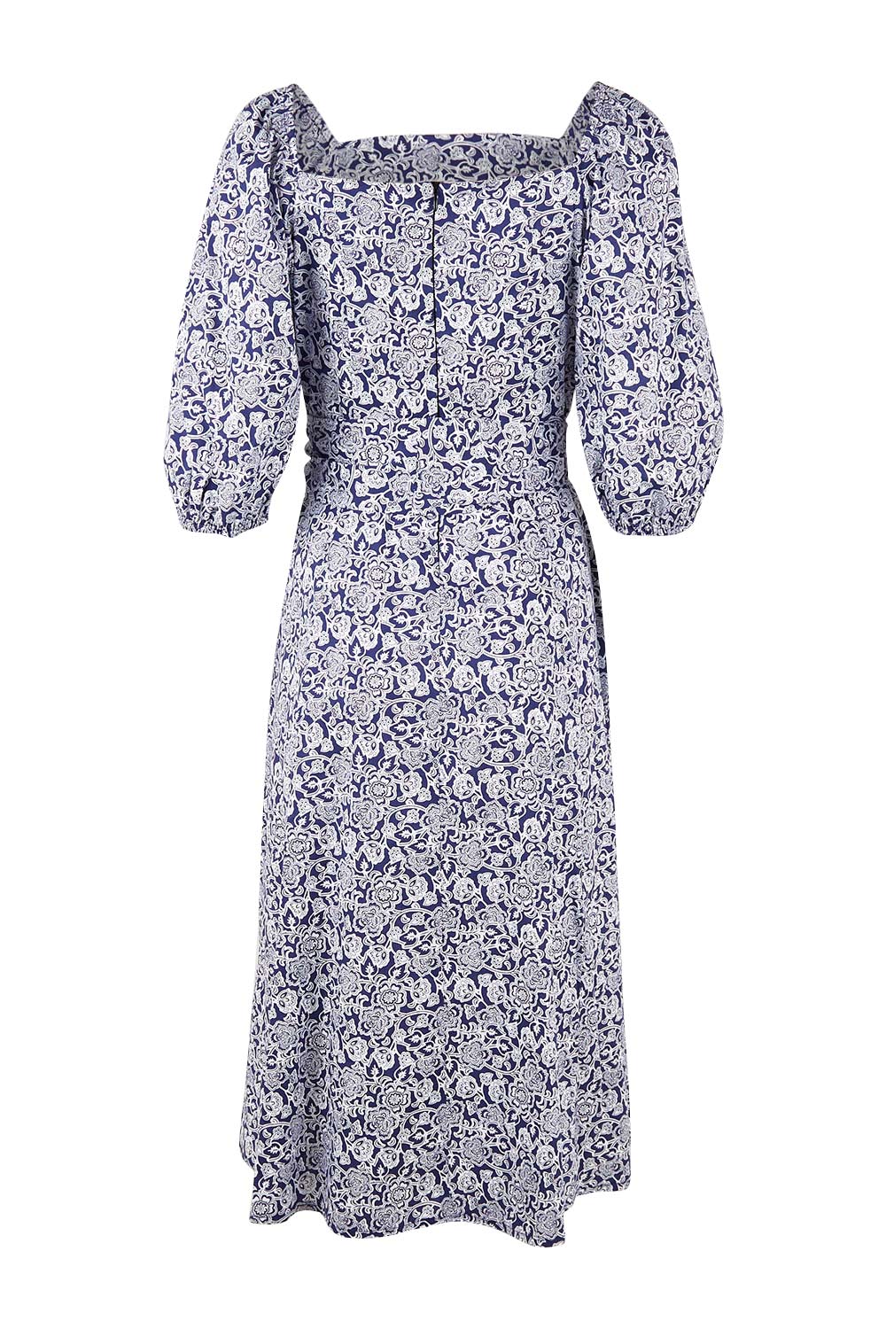 Product shot of the Walking On Sunshine Dress in colour Navypais (Blue), from the back