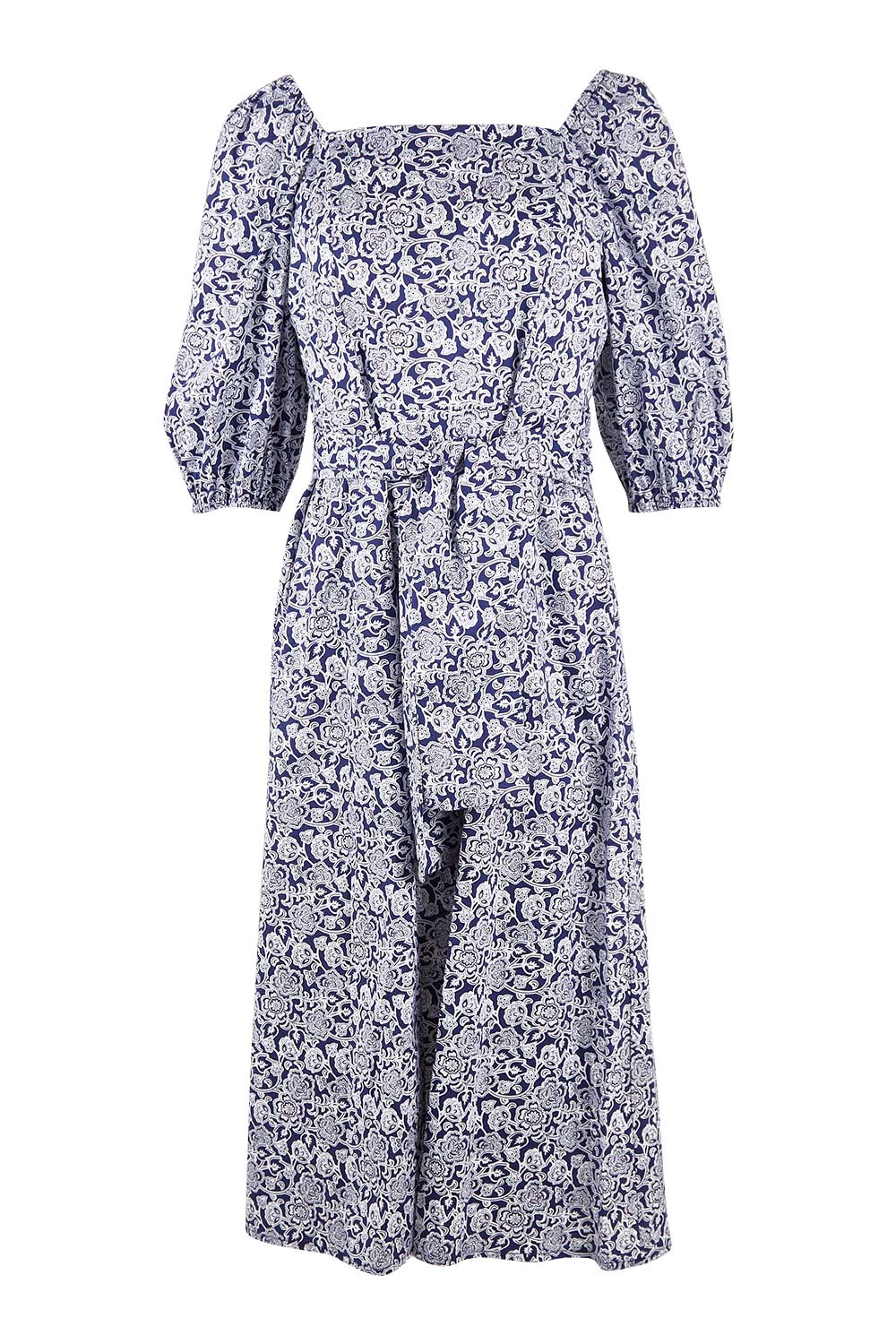 Product shot of the Walking On Sunshine Dress in colour Navypais (Blue), from the front