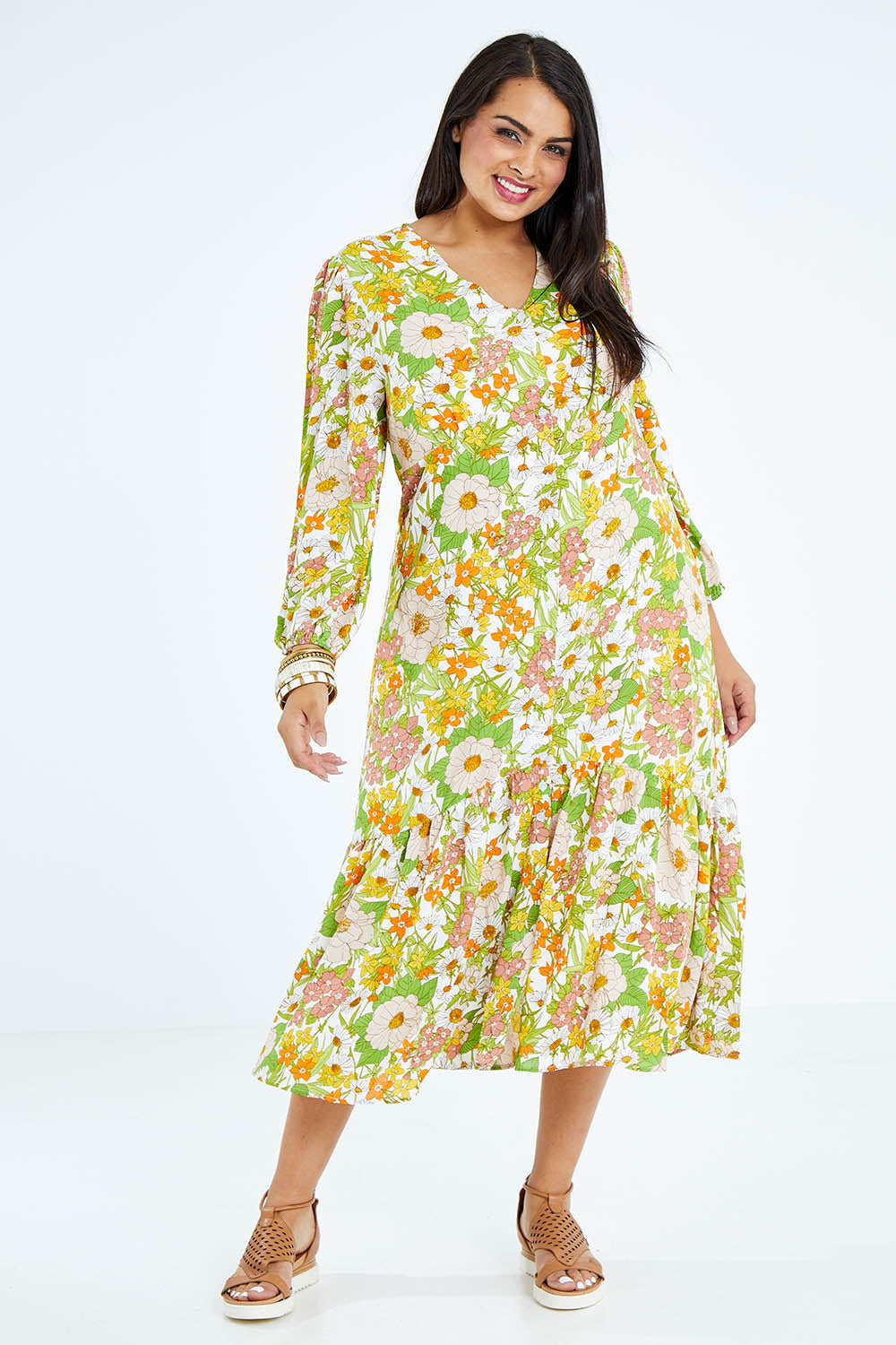 Model Sasha-Lee wearing size 16 of the Daisy Chain Love Maxi Dress in colour Daisy (White), from the front, showing the whole outfit