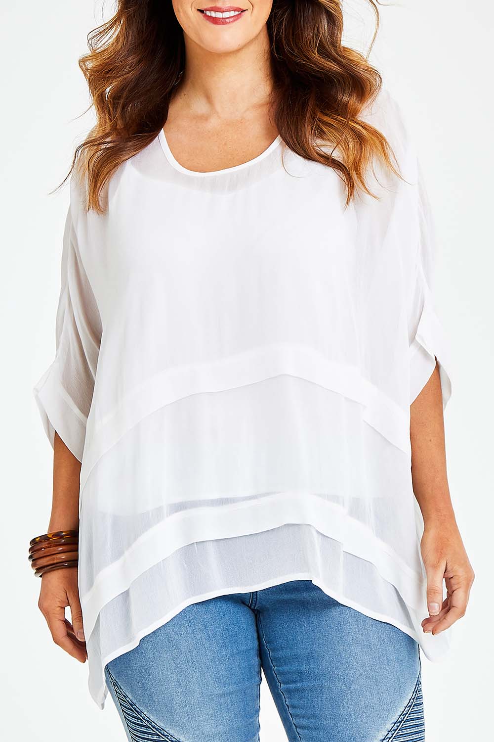 Model Laura wearing size 14 of the You See Through Me Blouse in colour White (White), from the front, cropped image