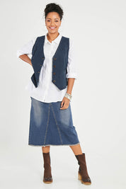 Model Noli wearing size 14 of the Preloved Fine and Dandy Denim Vest in colour Darkdenim (Blue), from the front, showing the whole outfit