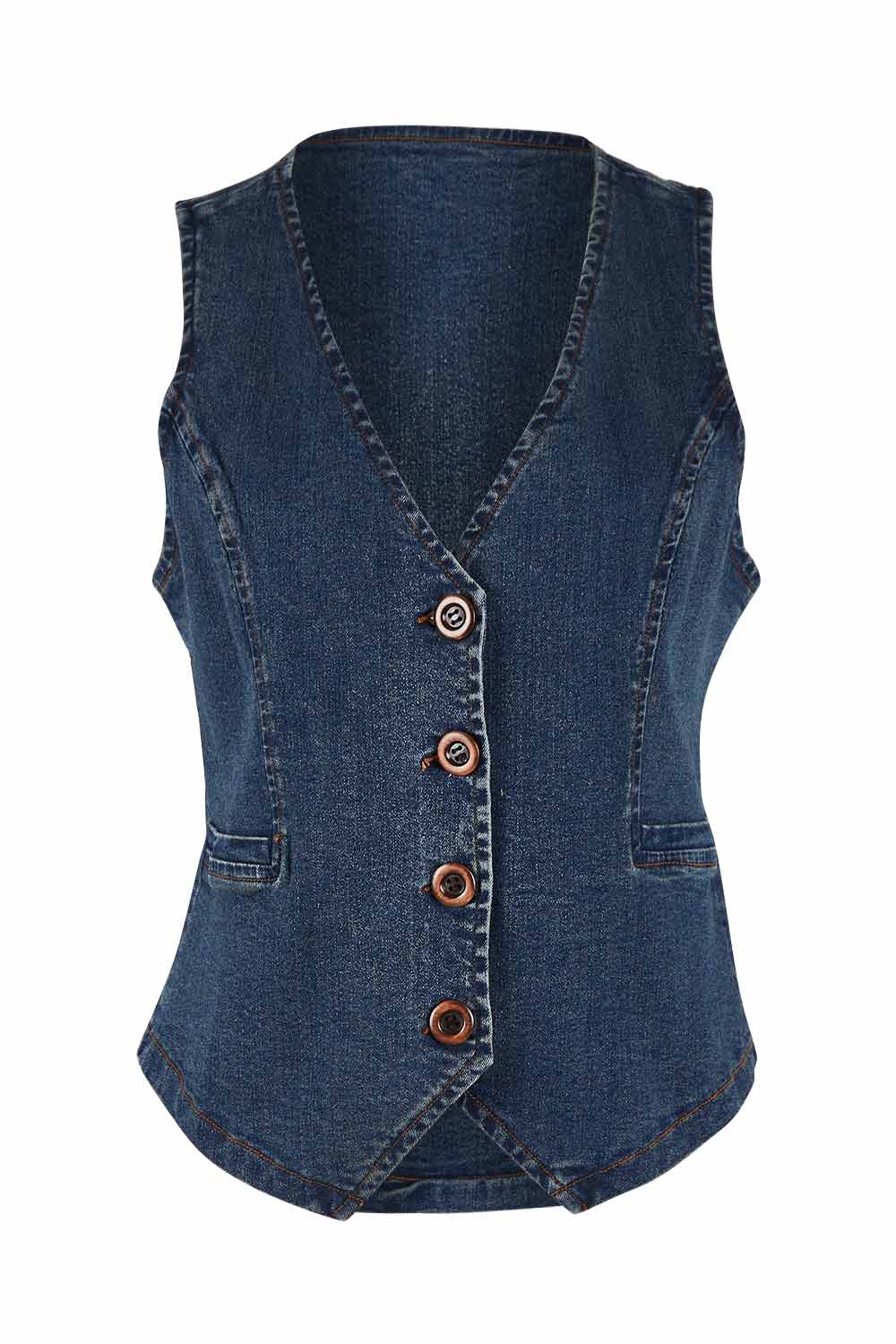 Product shot of the Fine and Dandy Denim Vest in colour Darkdenim (Blue), from the front