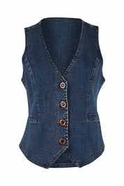 Product shot of the Fine and Dandy Denim Vest in colour Darkdenim (Blue), from the front