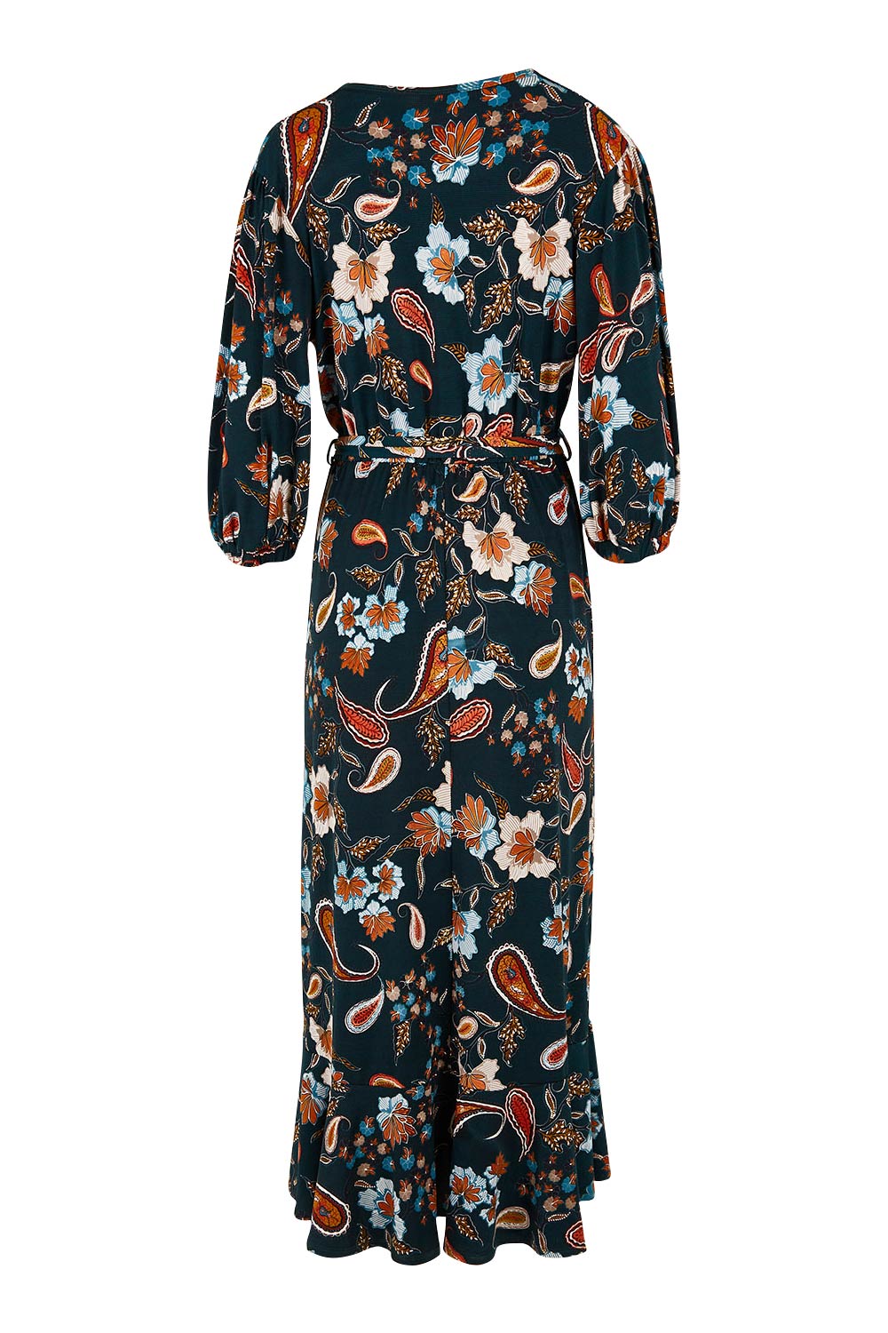 Product shot of the Feeling Free Faux Wrap Dress in colour Greenbay (Green), from the back