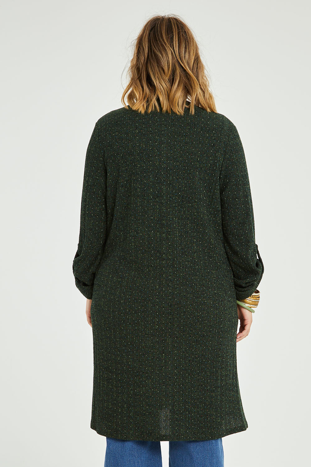 Model Jess wearing size 14 of the Into The Forest Cardi in colour Forest (Green), from the back