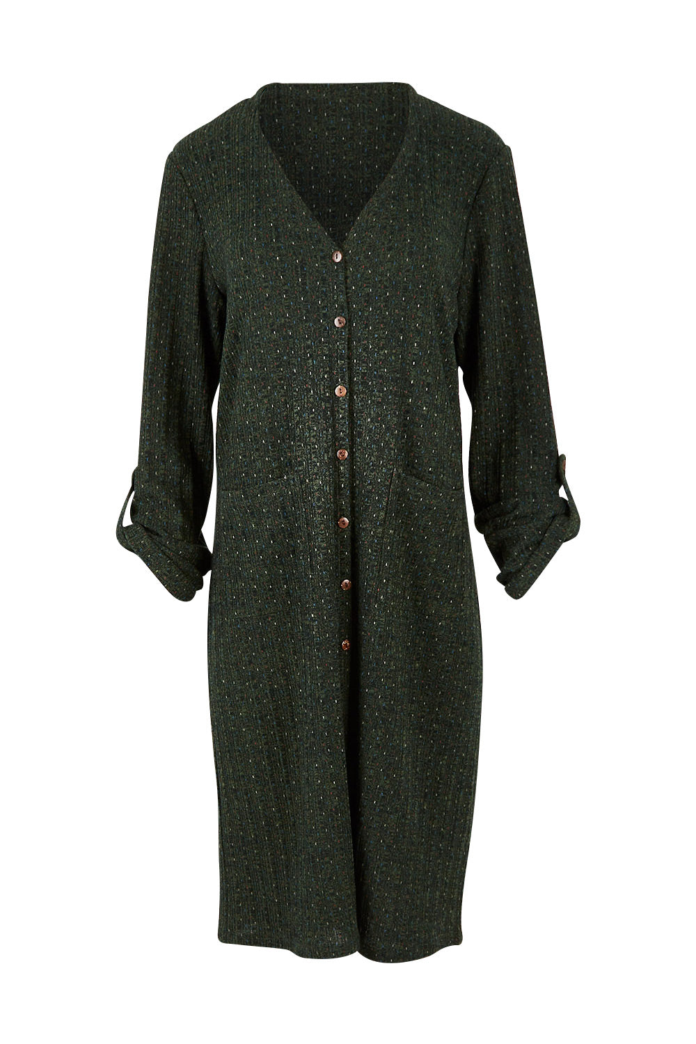 Product shot of the Into The Forest Cardi in colour Forest (Green), from the front