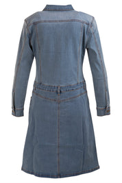 Product shot of the Calamity Denim Dress in colour Denim (Blue), from the back