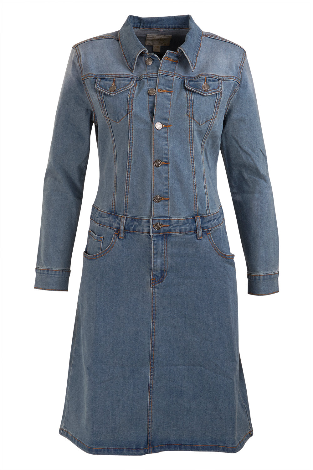 Product shot of the Calamity Denim Dress in colour Denim (Blue), from the front