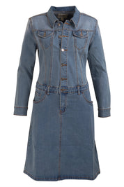 Product shot of the Calamity Denim Dress in colour Denim (Blue), from the front