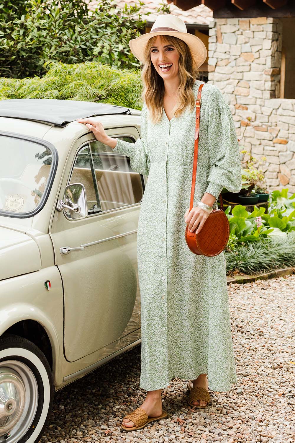 Model Tegan wearing size 10 of the Field Of Dreams Button Up Dress in colour Greenfleur (Green), from the front, showing the whole outfit