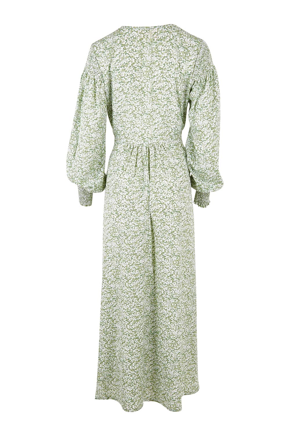 Product shot of the Field Of Dreams Button Up Dress in colour Greenfleur (Green), from the back