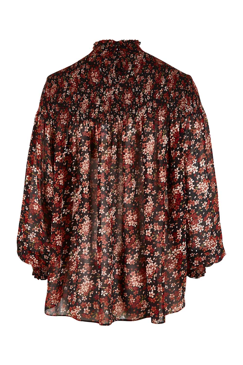 Product shot of the Romance In The Air Blouse in colour Blkrust (Black), from the back
