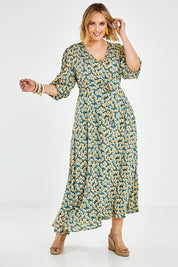Model Jess wearing size 14 of the Daisy Chain Swing Dress in colour Daisy (Blue), from the front, showing the whole outfit