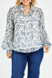 Model Jess wearing size 14 of the Paisley Lady Blouse in colour Whtpaisley (White), from the front, cropped image